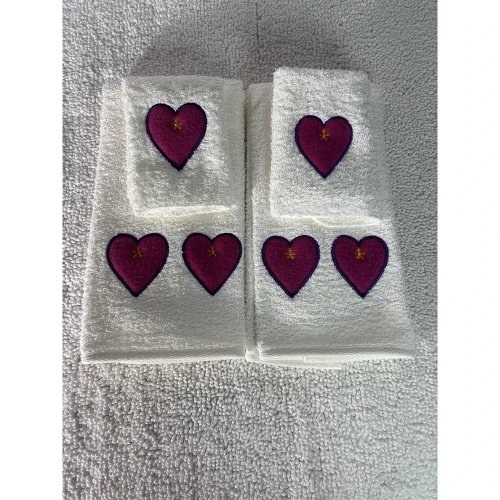 NEW 4-Piece White & Purple Heart Embroidered‎ 100% Cotton Towel Set Made in USA